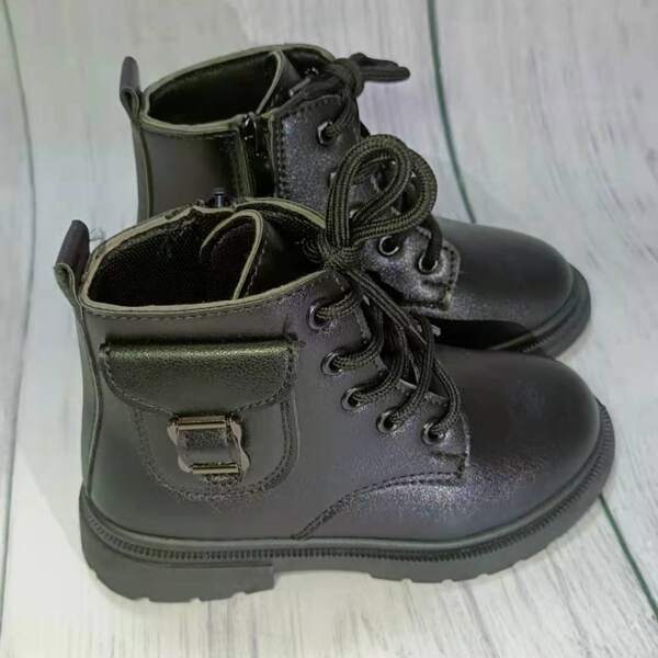 

Girls Buckle Decor Combat Boots, Black