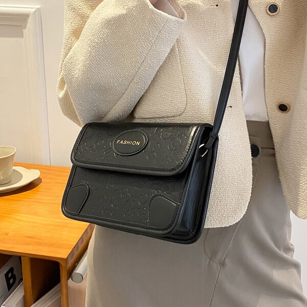 

Letter Graphic Flap Crossbody Bag, Black