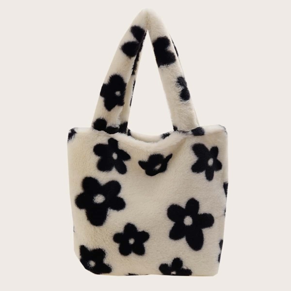 

Fluffy Floral Pattern Tote Bag, Black and white