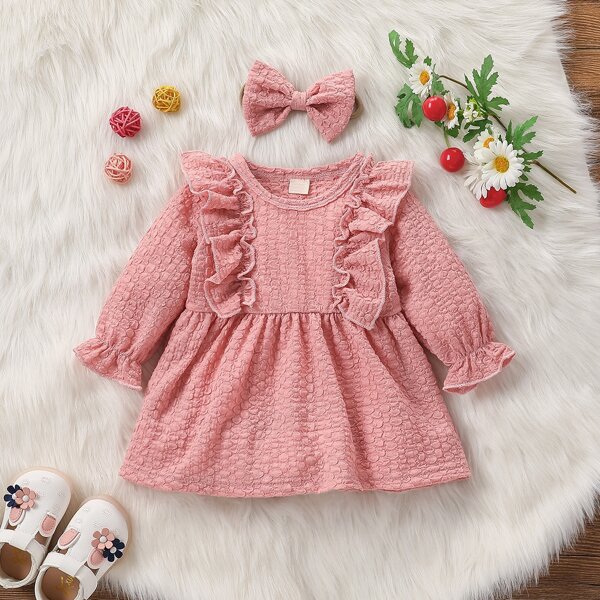 

Baby Textured Ruffle Trim Flounce Sleeve Dress With Headband, Baby pink