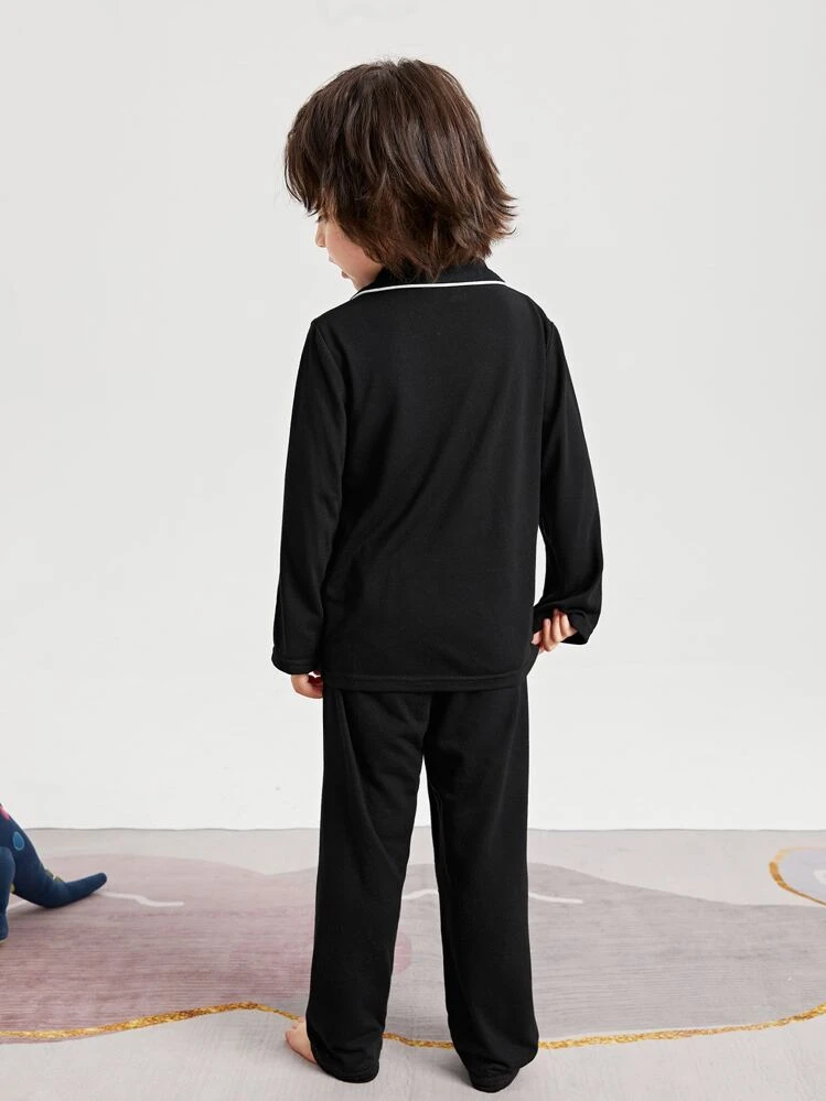 SHEIN Young Boy Patched Pocket Contrast Piping Lounge Set - Black - View 2