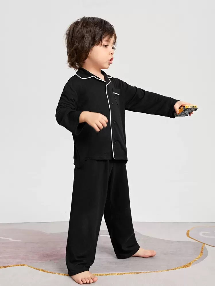 SHEIN Young Boy Patched Pocket Contrast Piping Lounge Set - Black - View 3
