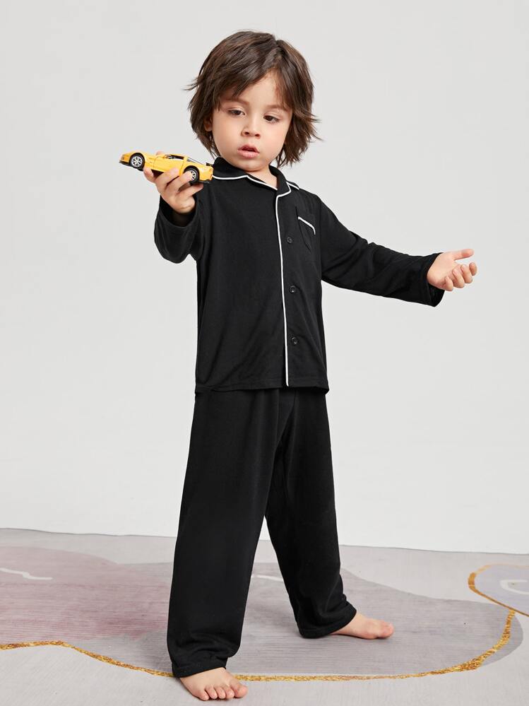 SHEIN Young Boy Patched Pocket Contrast Piping Lounge Set - Black - View 4