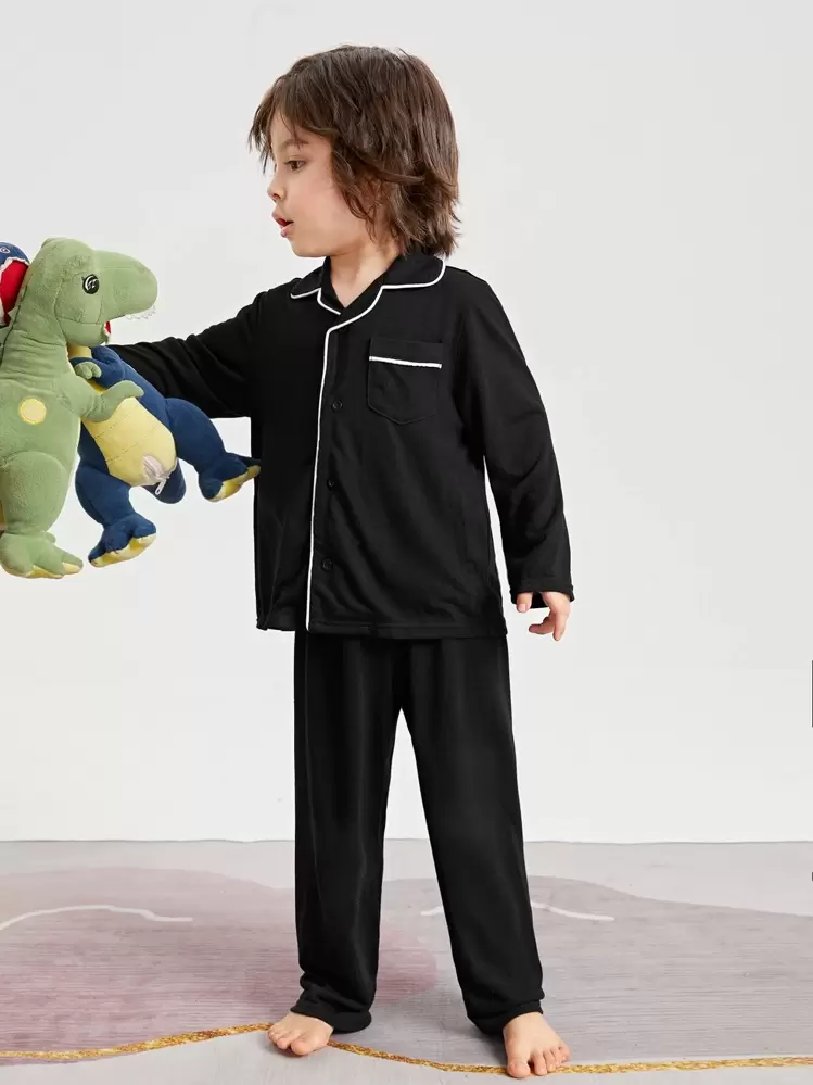 SHEIN Young Boy Patched Pocket Contrast Piping Lounge Set - Black - View 6