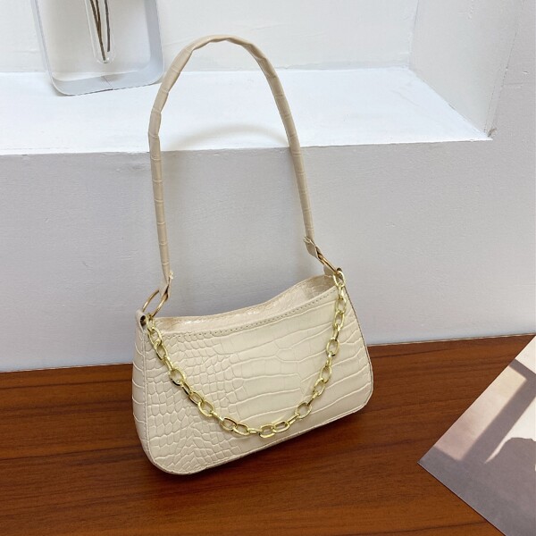 

Croc Embossed Shoulder Baguette Bag, Beige