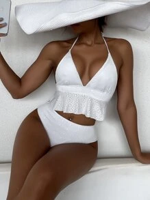 Bikini Ruffle Hem Halter trơn đi biển mùa hè - trắng - Xem 1