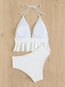 Bikini Ruffle Hem Halter trơn đi biển mùa hè - trắng - Xem 2