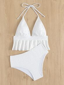 Bikini Ruffle Hem Halter trơn đi biển mùa hè - trắng - Xem 3