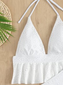 Bikini Ruffle Hem Halter trơn đi biển mùa hè - trắng - Xem 4