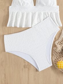 Bikini Ruffle Hem Halter trơn đi biển mùa hè - trắng - Xem 5