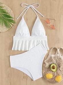 Bikini Ruffle Hem Halter trơn đi biển mùa hè - trắng - Xem 6