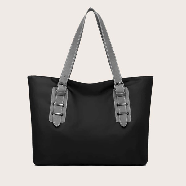 

Buckle Detail Large Capacity Shoulder Tote Bag, Black