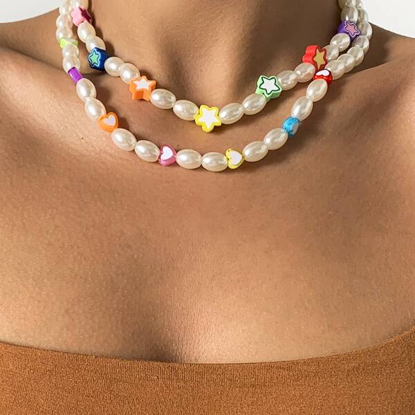 

2pcs Star & Heart Decor Necklace, White