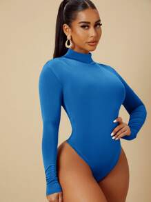 SHEIN SXY Mock Neck Ruched Skinny Bodysuit - Royal Blue - View 3