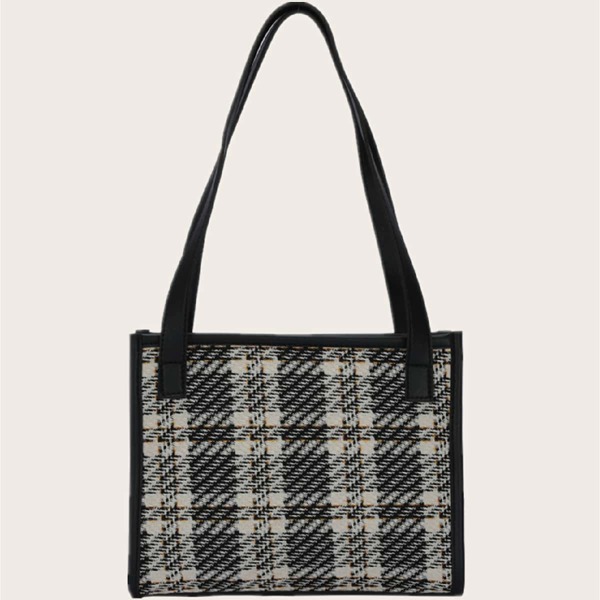 

Plaid Pattern Shoulder Tote Bag, Black and white