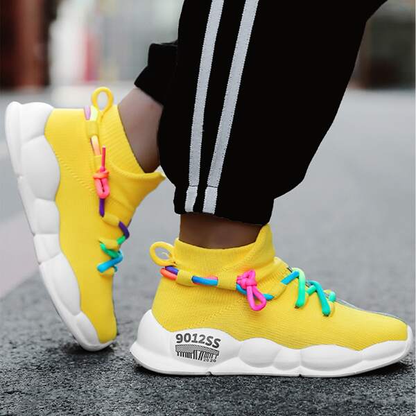 

Kids Letter Detail Knit Detail Lace-up Front Sneakers, Yellow