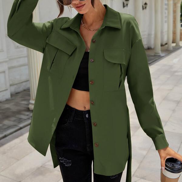 

Button Front Pocket Detail Blouse, Army green