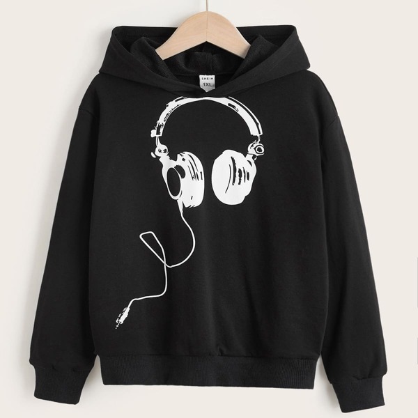 

Plus Headphone Print Drop Shoulder Hoodie, Black