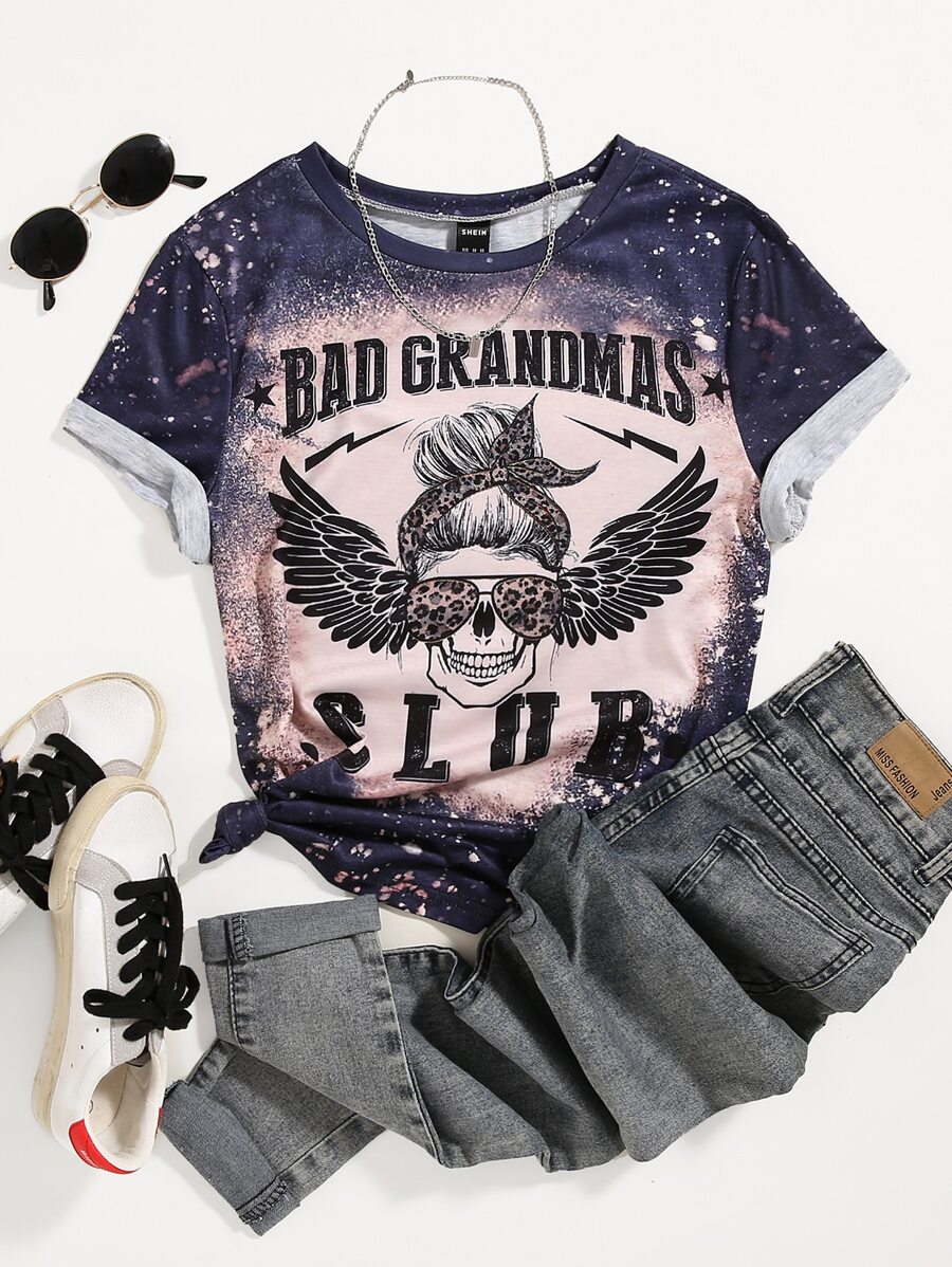SHEIN LUNE Plus Skull & Letter Graphic Tee - Multicolor - View 1