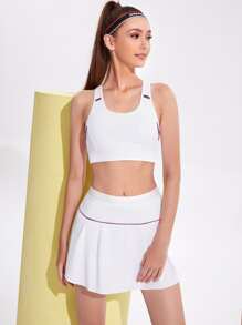 網紗拼接運動胸罩和網球褲裙套裝 - 彩色 - 查看 3