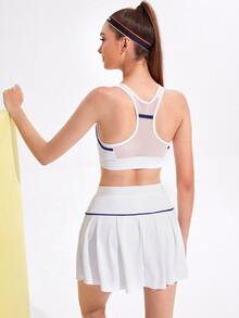 Conjunto sujetador deportivo con inserción de malla con falda - Blanco - Ver 2