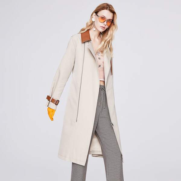

Contrast PU Leather Panel Buckled Belted Trench Coat, Beige
