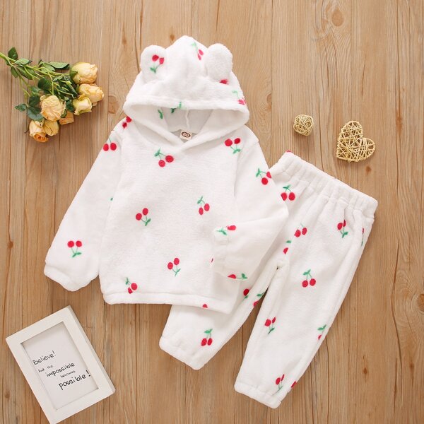 

Baby Allover Cherry Print 3D Ear Detail Teddy Hoodie & Pants, White