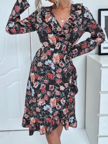 Vestido cruzado con estampado floral ribete con fruncido - Multicolor - Ver 1