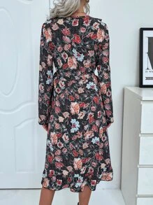Vestido cruzado con estampado floral ribete con fruncido - Multicolor - Ver 2