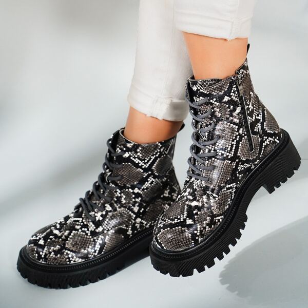 

Snakeskin Print Side Zipper Combat Boots, Multicolor