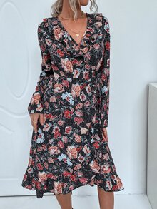 Vestido cruzado con estampado floral ribete con fruncido - Multicolor - Ver 4