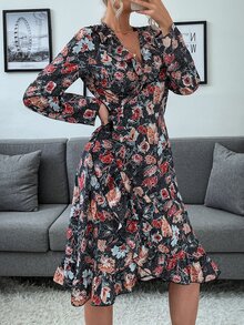 Vestido cruzado con estampado floral ribete con fruncido - Multicolor - Ver 5