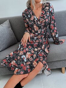 Vestido cruzado con estampado floral ribete con fruncido - Multicolor - Ver 6