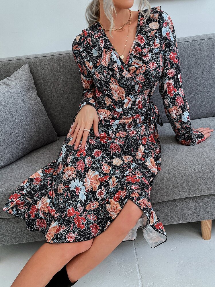 Allover Floral Print Ruffle Trim Wrap Dress - Multicolor - View 6