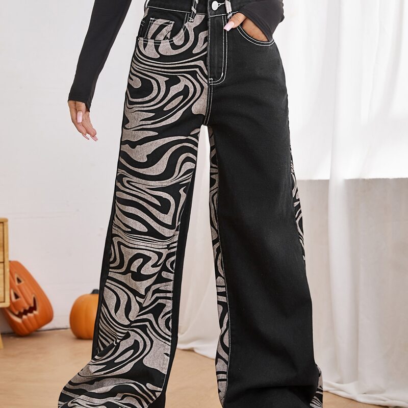 

High Waist Graphic Colorblock Straight Leg Jeans, Multicolor