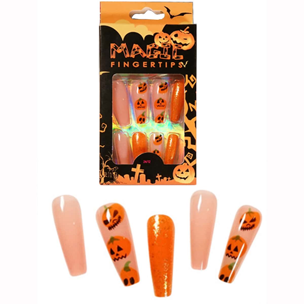 

24pcs Halloween Pumpkin Pattern Fake Nail, Orange