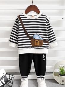 Baby Boy Striped Bear And Letter Embroidery Pullover & Joggers - Black and White - View 1