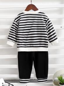Baby Boy Striped Bear And Letter Embroidery Pullover & Joggers - Black and White - View 2