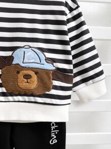Baby Boy Striped Bear And Letter Embroidery Pullover & Joggers - Black and White - View 5