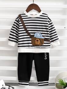 Baby Boy Striped Bear And Letter Embroidery Pullover & Joggers - Black and White - View 6