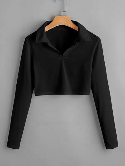 SHEIN Unity Plus Size Women's Solid Color Short Long Sleeve Turndown Collar Black Casual T-Shirt, Comfortable For Commuting And Daily Wear, Spring/Autumn