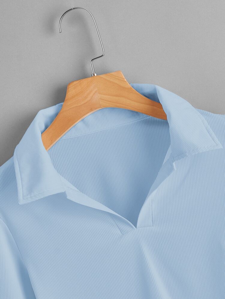 SHEIN Unity Solid Ribbed Collar Crop Tee - Baby Blue - View 4