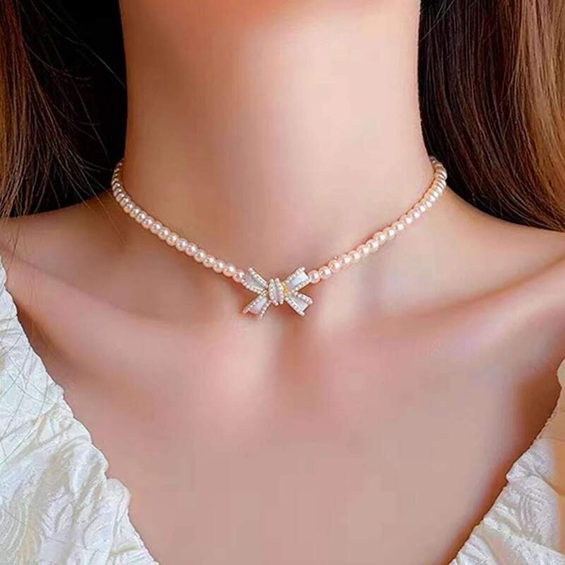 

Bow Decor Faux Pearl Beaded Necklace, Gold