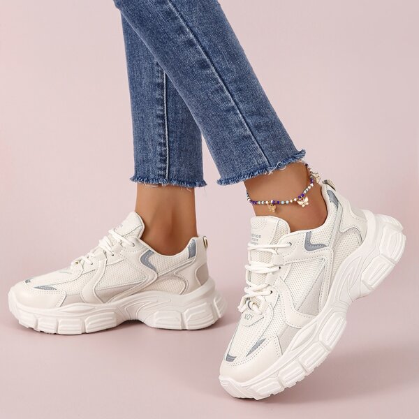 

Lace-up Front Mesh Panel Chunky Sneakers, Beige