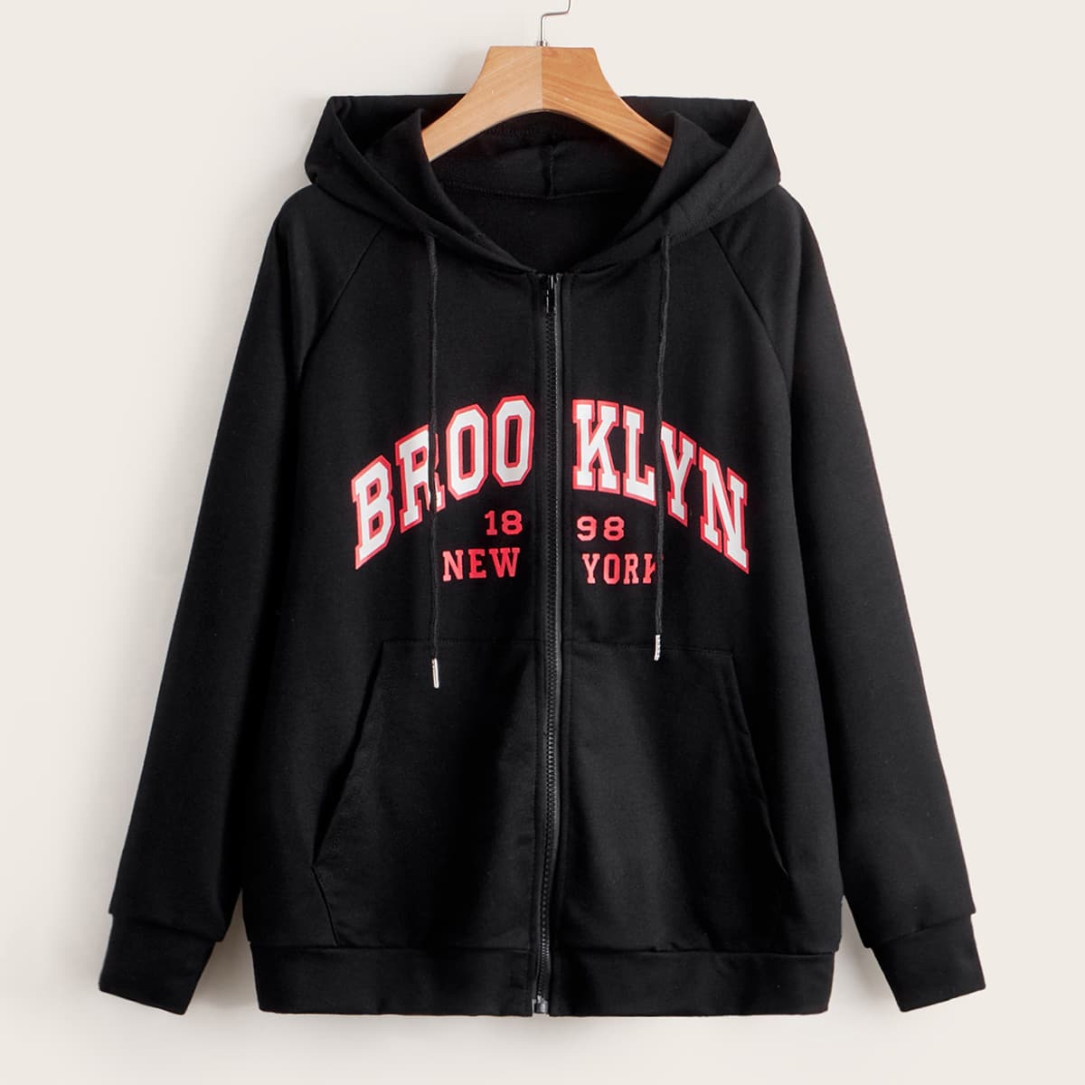 

Letter Zip Up Drawstring Hoodie, Black