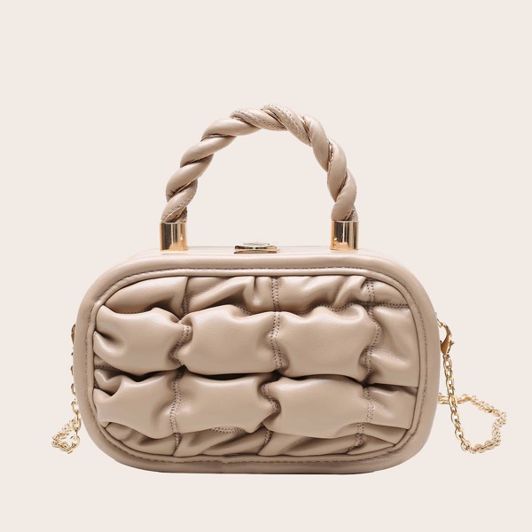 

Textured Chain Satchel Box Bag, Khaki