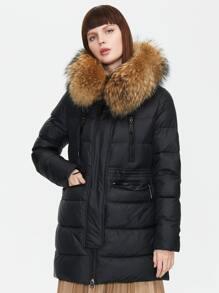 ZIAI Drawstring Waist Zip Up Fuzzy Hooded Padded Coat - Black - View 1