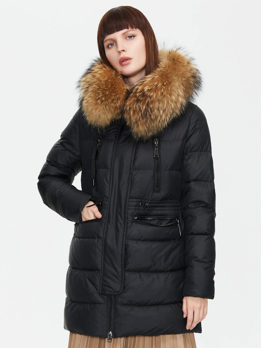 ZIAI Drawstring Waist Zip Up Fuzzy Hooded Padded Coat - Black - View 1