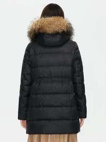 ZIAI Drawstring Waist Zip Up Fuzzy Hooded Padded Coat - Black - View 2