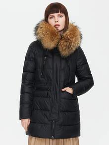 ZIAI Drawstring Waist Zip Up Fuzzy Hooded Padded Coat - Black - View 3